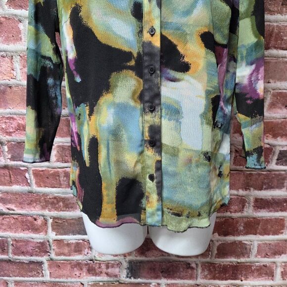 Vintage Essentials Milano Abstract Green Blouse – Women’s M 3/4 Sleeve Top - Picture 6 of 7